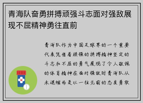 青海队奋勇拼搏顽强斗志面对强敌展现不屈精神勇往直前