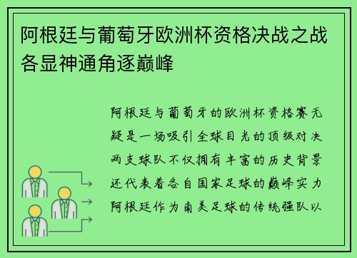阿根廷与葡萄牙欧洲杯资格决战之战各显神通角逐巅峰